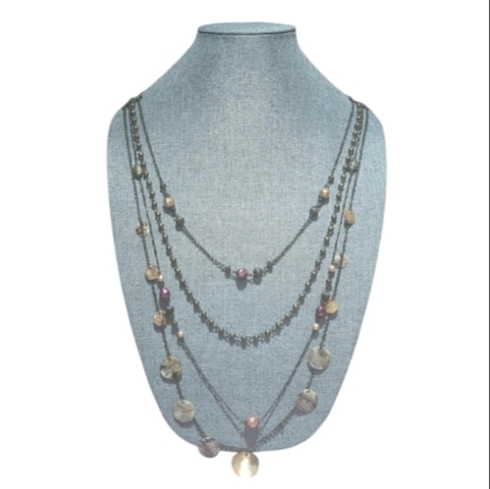 Elegant Multi-Layered Brass & Shell Statement Necklace –Faux Pearl Accents